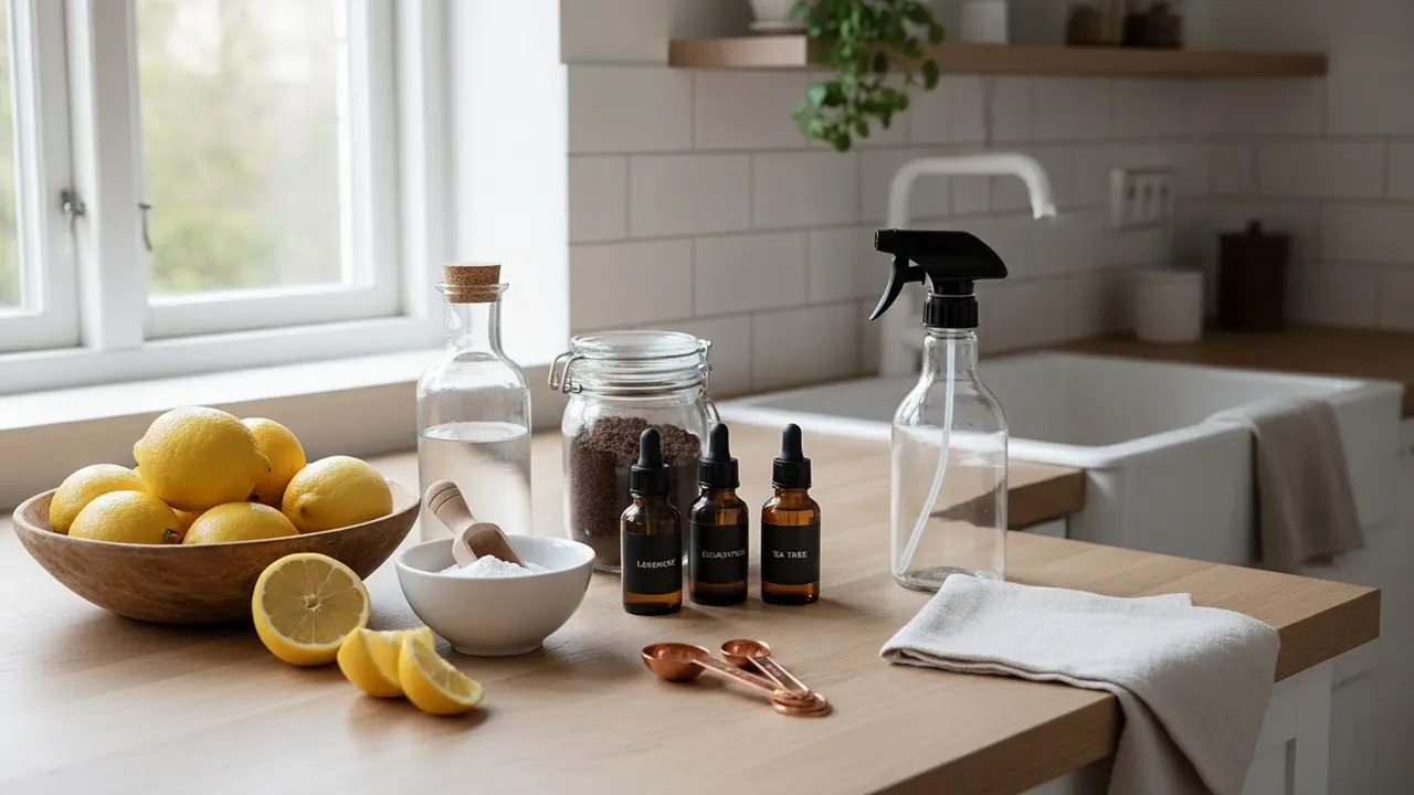 Køkkenbord med citron, natron, eddike, æteriske olier og genanvendelig sprayflaske