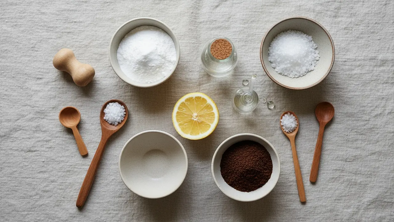 Top-down fladlay af skåle med natron, bagepulver, salt, kaffegrums, citron og eddike