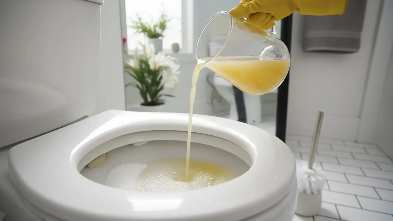 Toiletkumme med bagepulver og citronsaft, der skummer, klar til skrubning