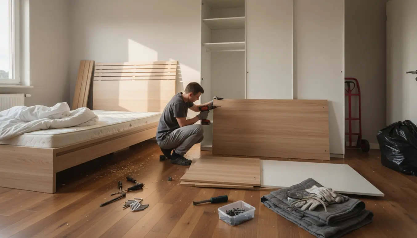 Delvist adskilt seng og stort gulv-til-loft klædeskab lagt ud på gulvet med værktøj og emballage klar til bortskaffelse.