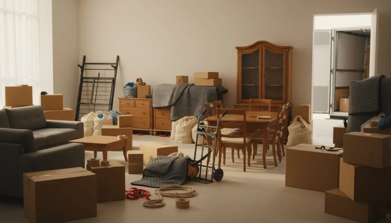 Lys lejlighed midt i flytning med beskyttede møbler, håndtruck og stabler af flyttekasser.