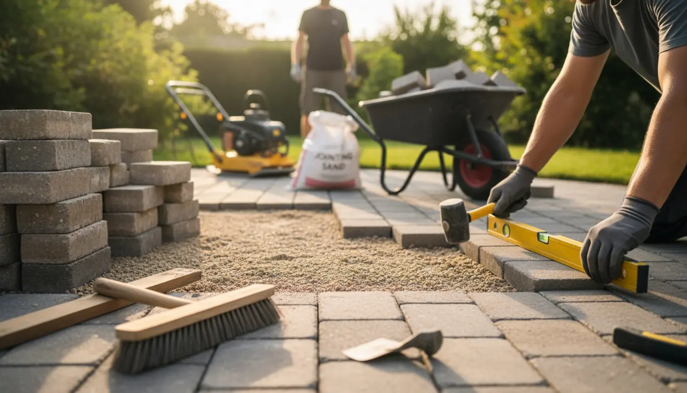 Omlægning af betonbrosten på en lille terrasse med afrettergrus og værktøj.