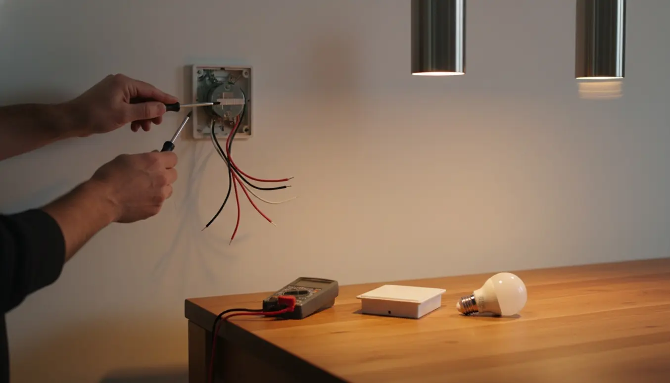 Hænder reparerer en defekt lysdæmper ved spisebordet med værktøj og en flimrende lampe over bordet.
