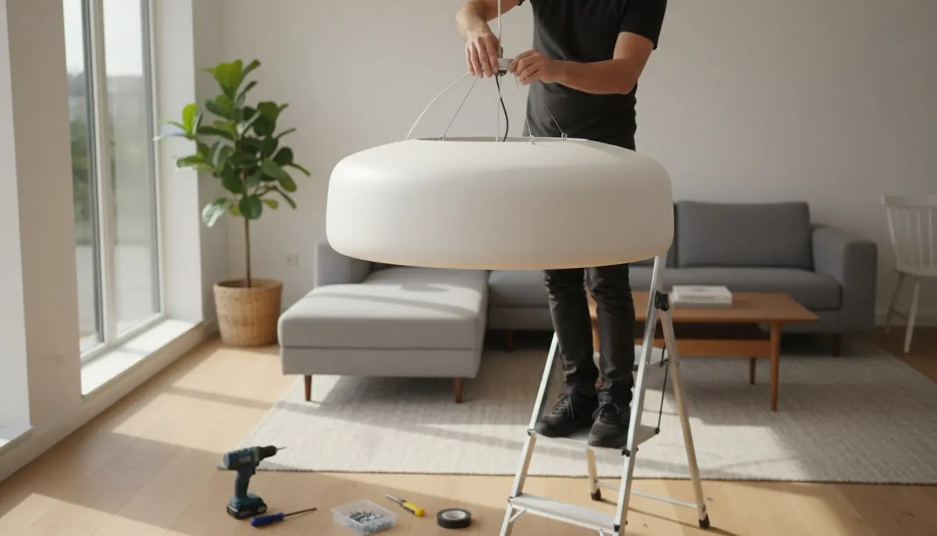 Hænger en stor rund loftslampe (Ø90 cm) op i en moderne stue fra en stige, kun hænder synlige.