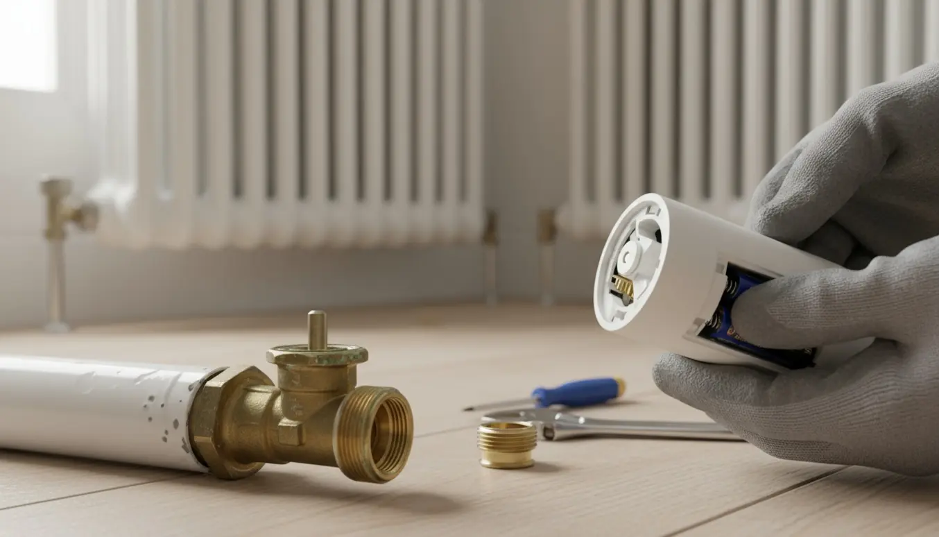 Nærbillede af radiatorventil med afmonteret termostathoved, hænder inspicerer ventilnålen.