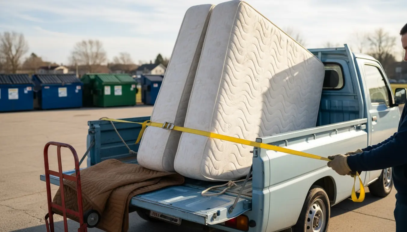 To boxmadrasser læsses på en pickup ved genbrugspladsen, mens hænder spænder stropper.