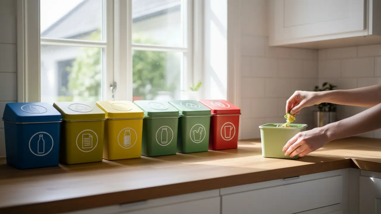 Hjemmegenbrug med flere farvede skraldespande og en person, der putter madaffald i kompostbeholder