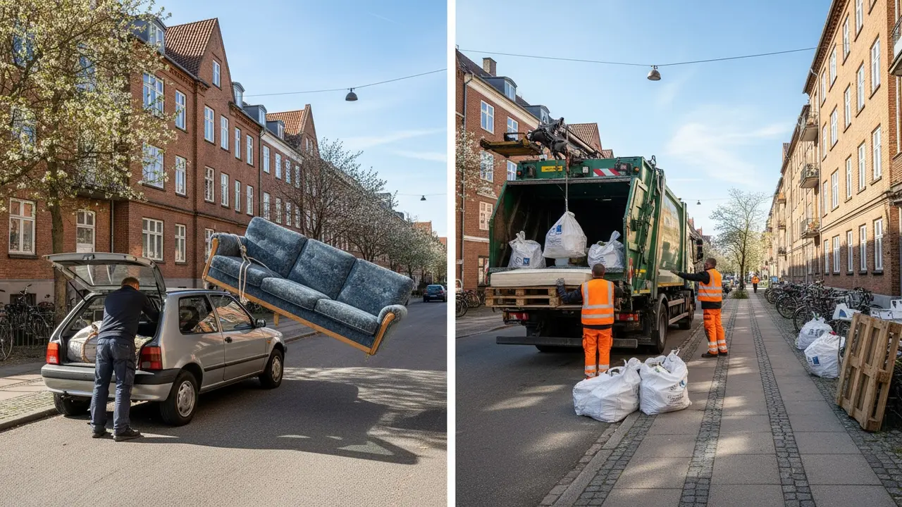 Person laster sofa til genbrugsstation og kommunal lastbil afhenter storskrald ved fortovet