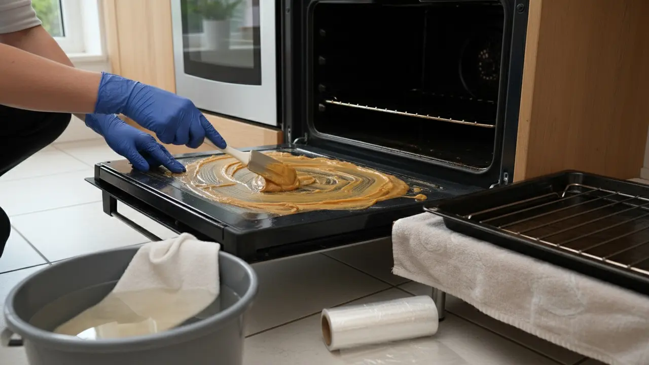 Ovnindmad med påført brun sæbe, aftagede riste og husholdningsfilm klar til at dække.
