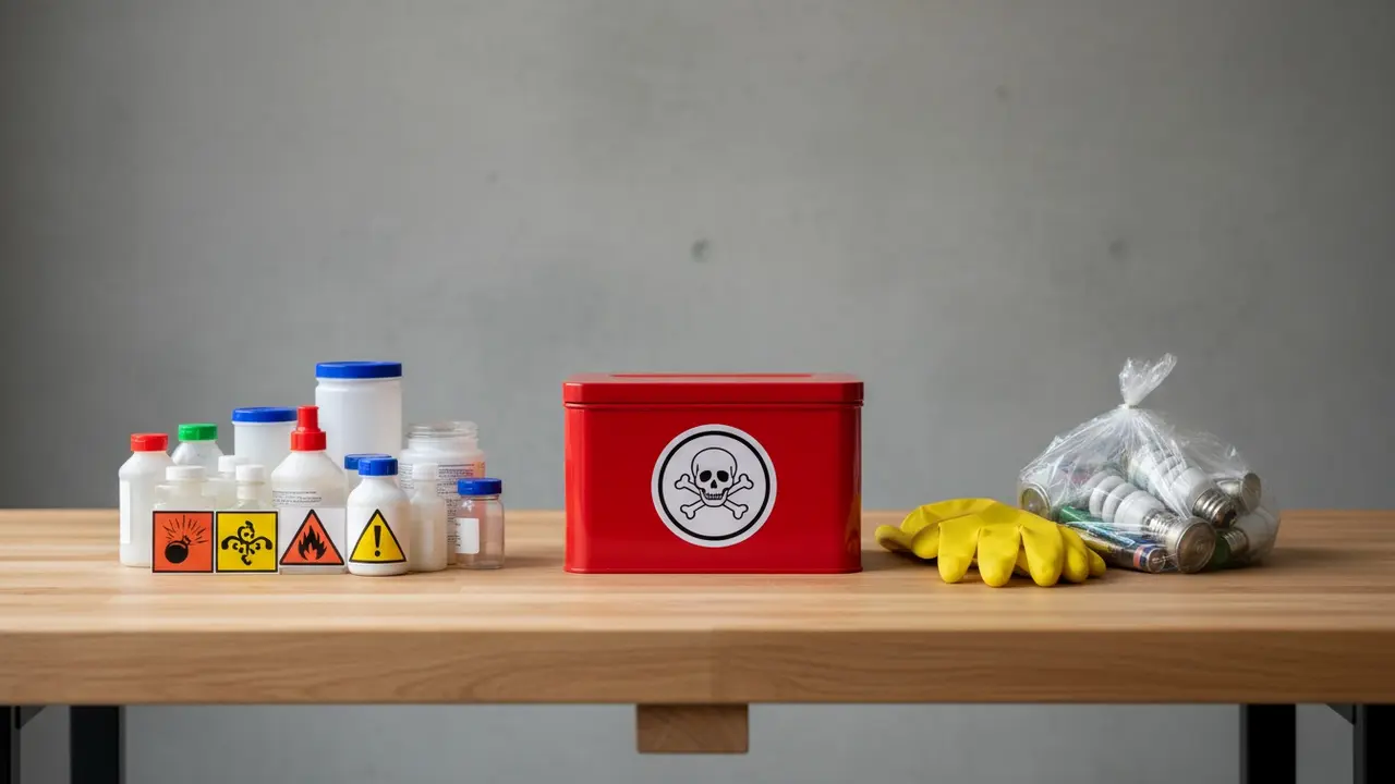 Rød kasse og forseglede beholdere til farligt husholdningsaffald på et bord