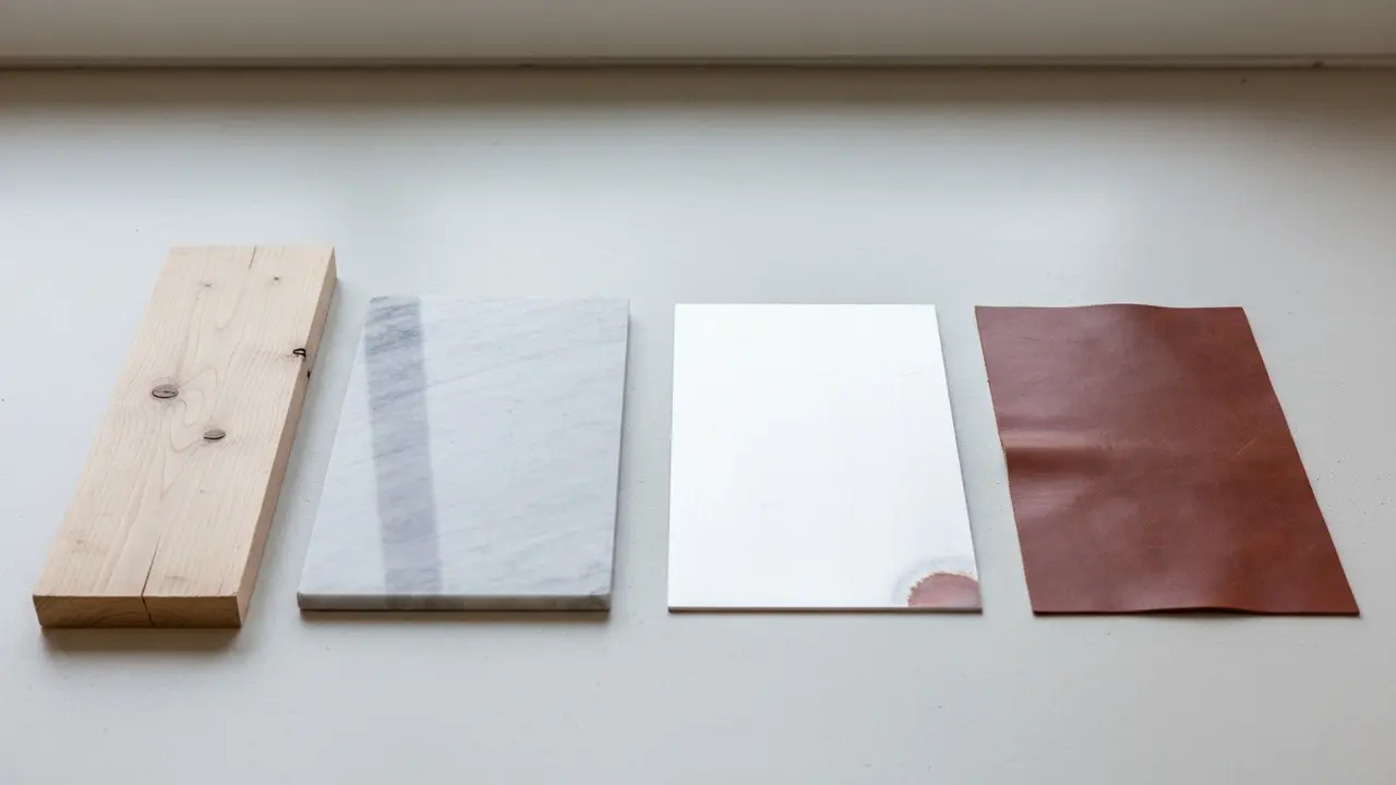 Prøver af ubehandlet træ, marmor, aluminium og læder vist sammen som følsomme overflader.