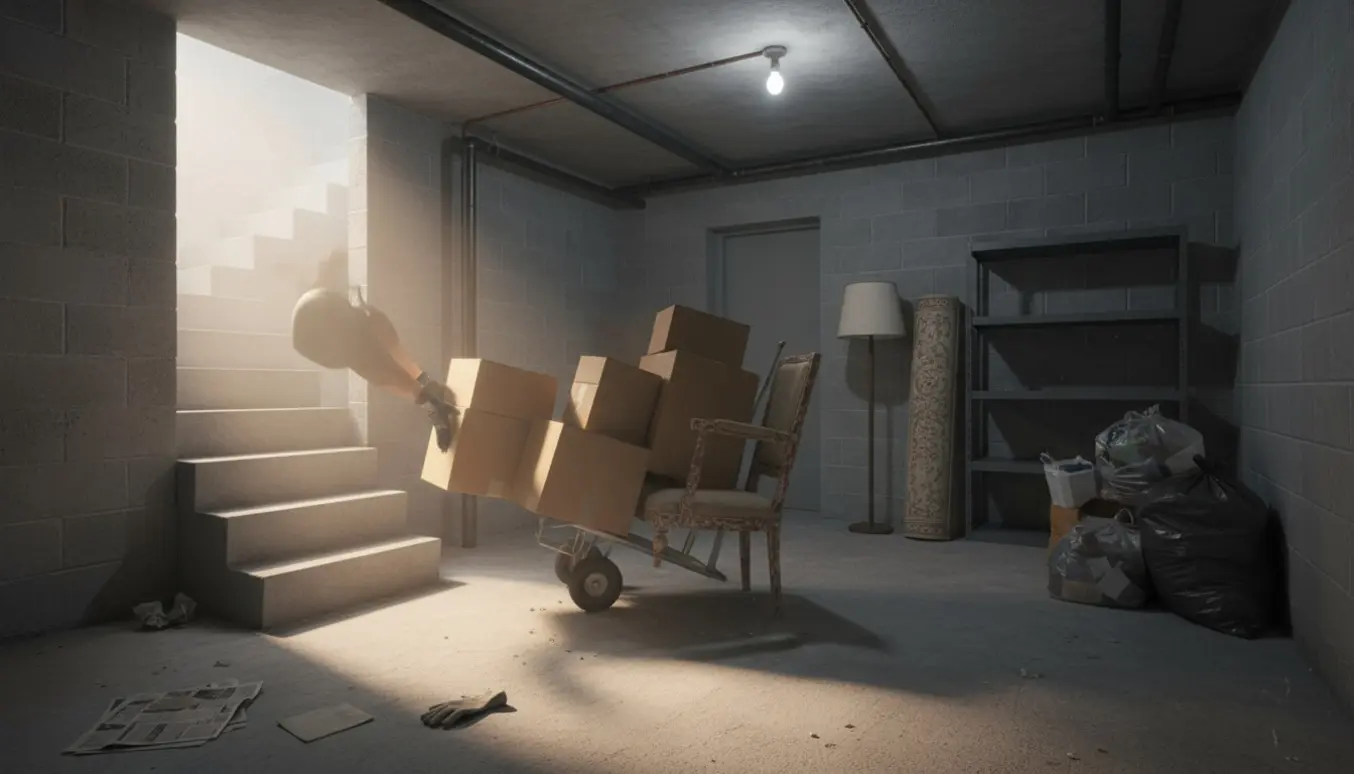 Halvt tomt kælderrum med stabler af kasser og møbler ved trappen klar til bortkørsel.