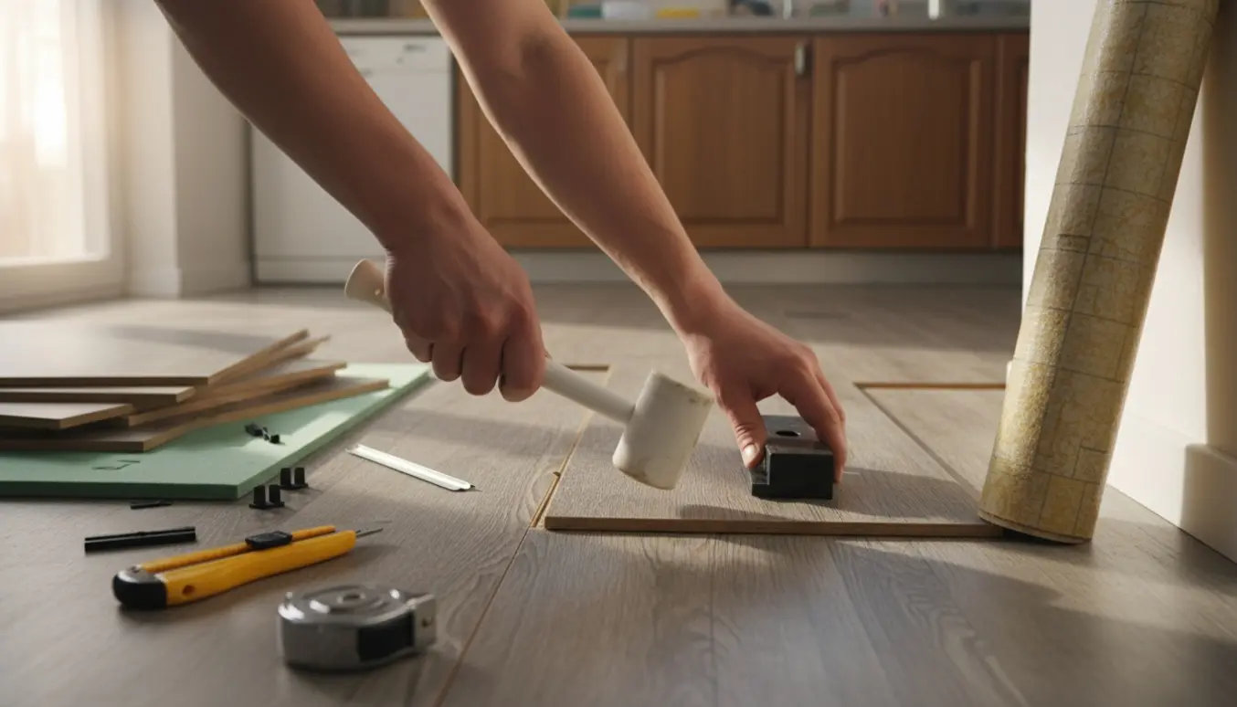 Hænder lægger klik-linoleum i et lille køkken med gamle linoleumsruller og værktøj i baggrunden.