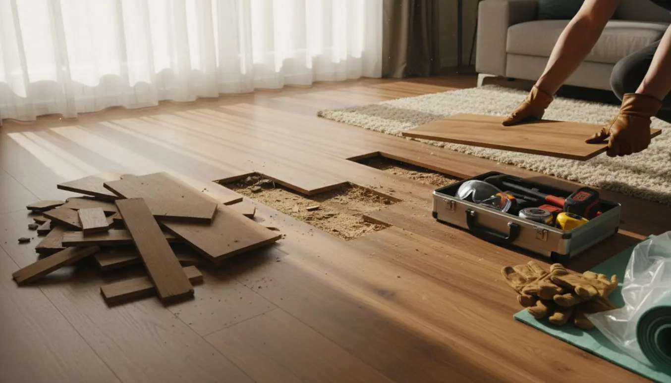 Delvist revet trægulv med fjernede planker, værktøj og handsker klar til udskiftning.