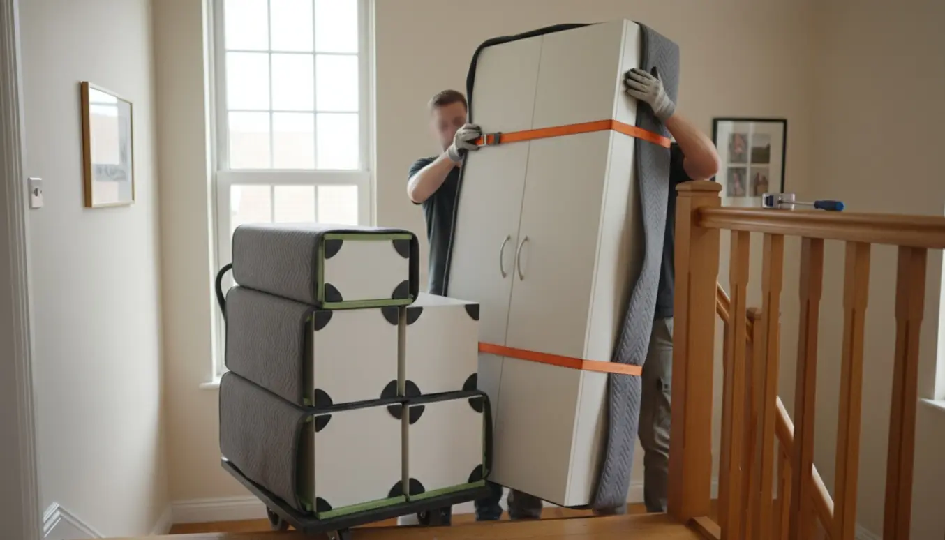 Modulært garderobeskab bæres forsigtigt ned ad en opgang med flyttetæpper og tralle.