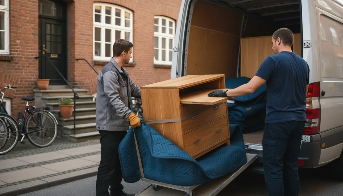 Et kommode-skrivebord læsses forsigtigt på en ubeskrevet flyttevogn på en rolig københavnsk gade.