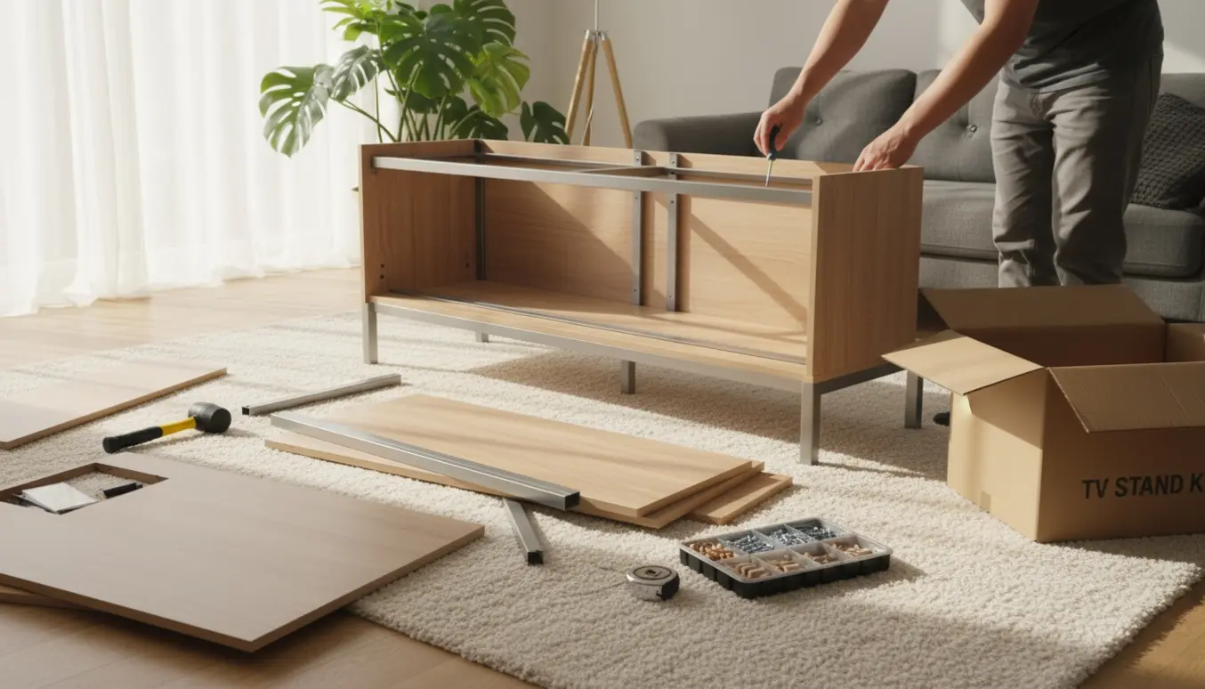 Nærbillede af hænder, der samler et stort TV-bord i en lys stue med værktøj og monteringsdele.