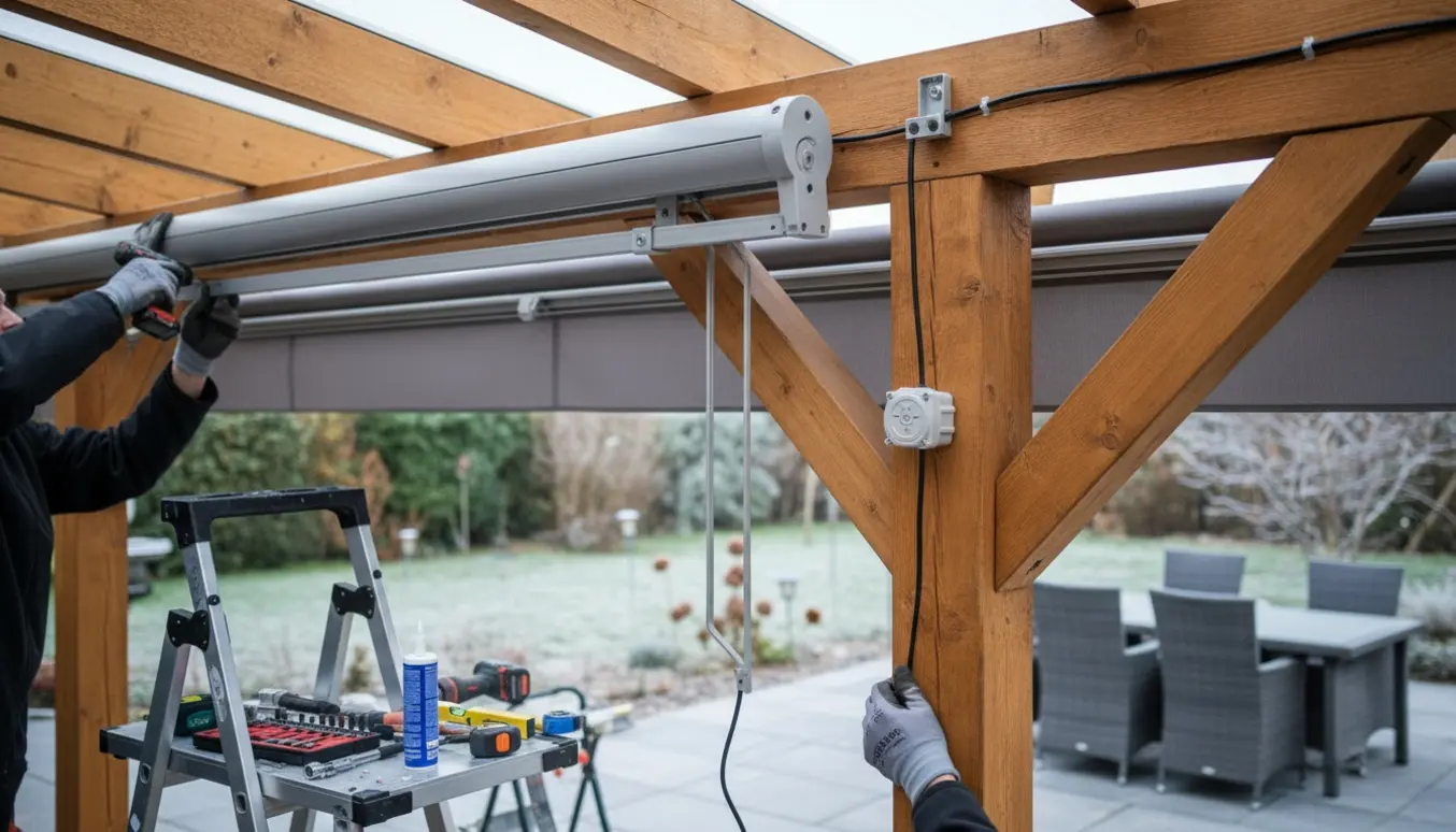 Nærbillede af hænder, der monterer en 3,5 m elektrisk markise på træspær med værktøj på en stige.