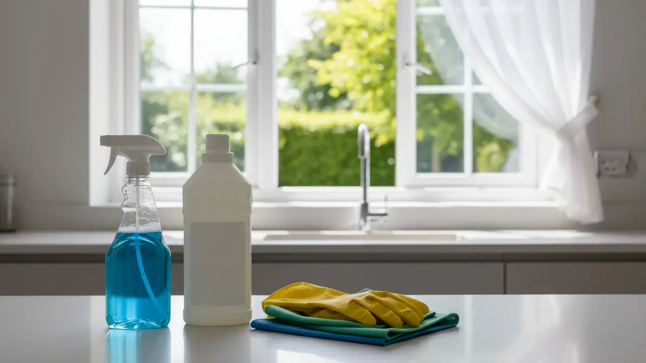 Rengøringsmidler på køkkenbord med handsker og åben vindue for ventilation