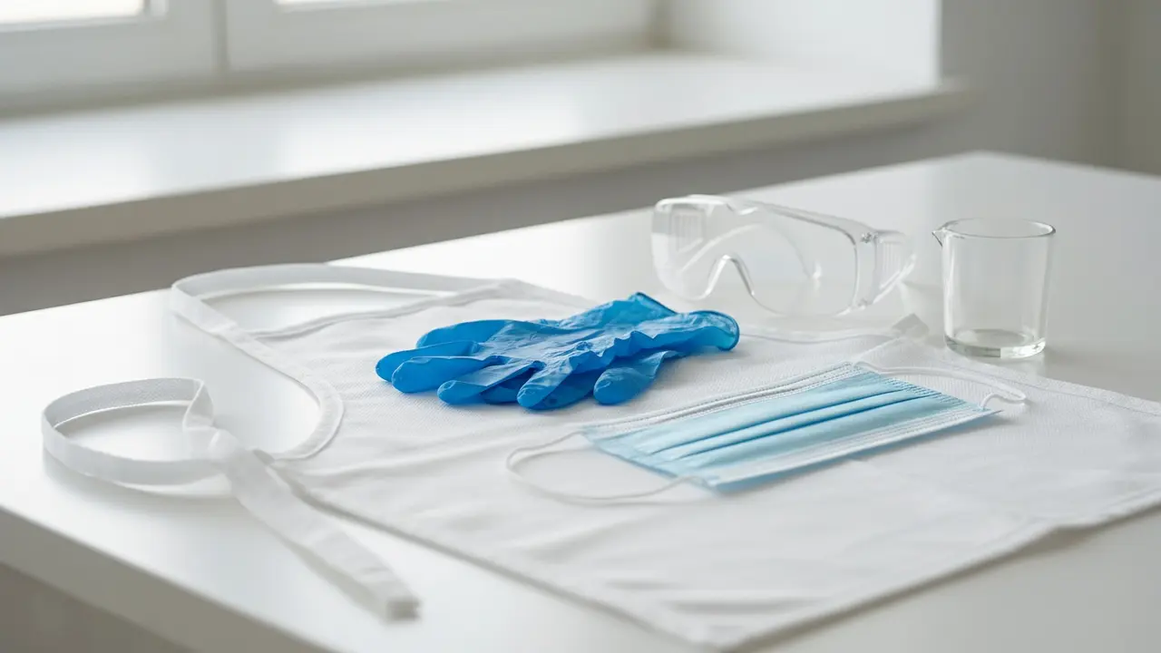 Nærbillede af beskyttelsesudstyr: handsker, beskyttelsesbriller og maske på bord