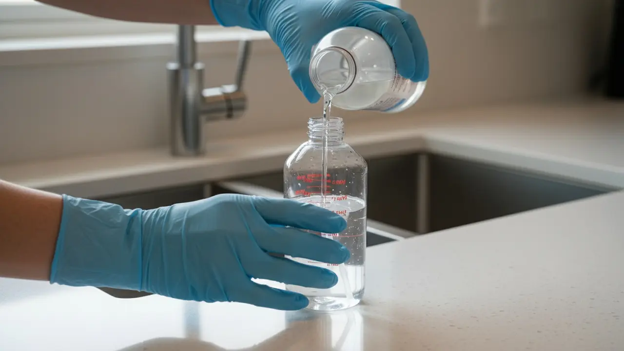 Hænder med handsker hælder målt mængde klorin i en sprayflaske ved vasken