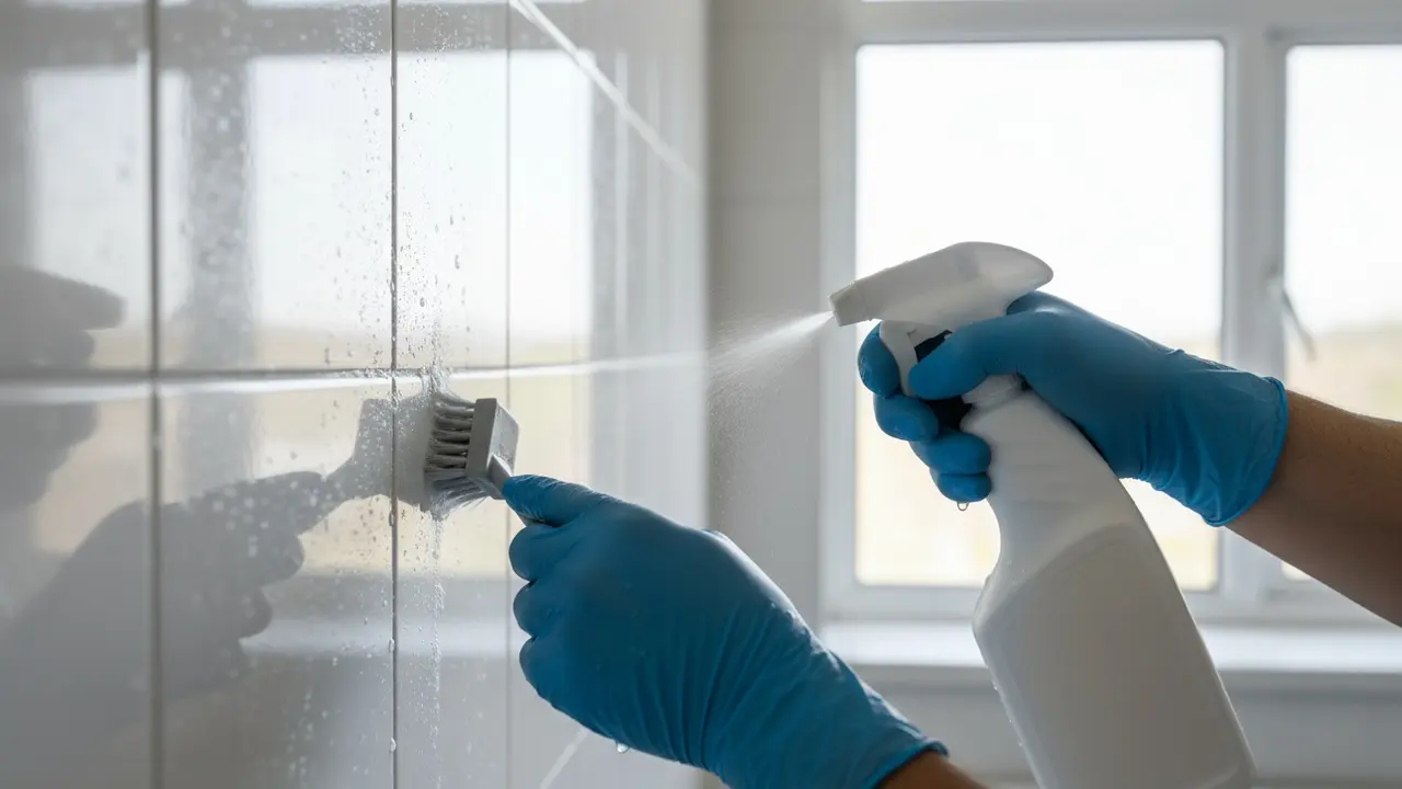 Handsker på hænder sprayer og skrubber skimmelsvamp på fliser i badeværelse