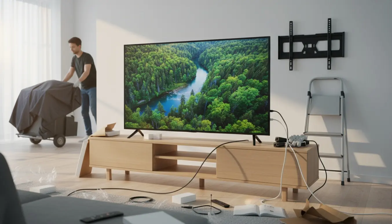 Et nyt fladskærms-tv pakkes op og tilsluttes i en lys stue, mens et gammelt tv bliver båret ud.