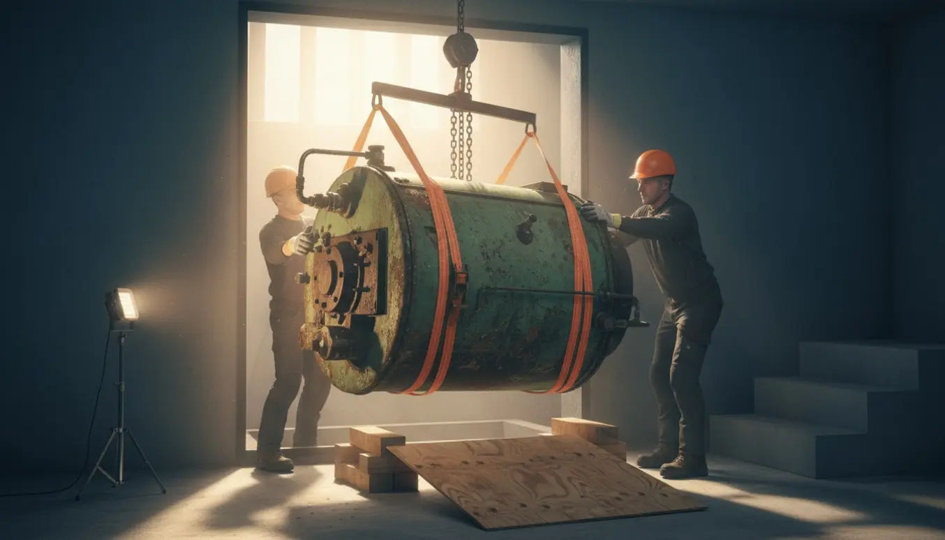 Et gammelt oliefyr løftes op gennem en kældernedgang med kran og løftestropper, mens arbejdere guider det med handsker.