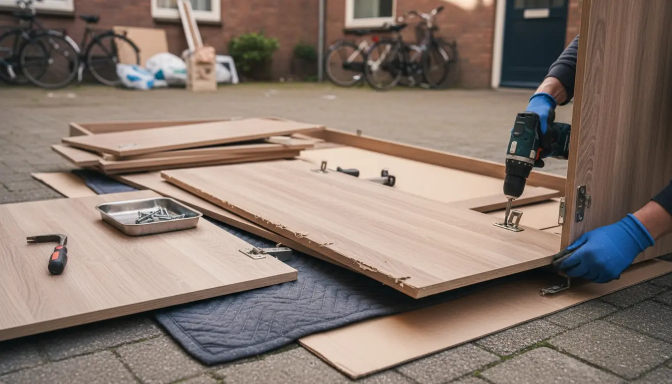 Delvist adskilt garderobeskab i gården klar til storskrald, værktøj og paneler synlige.