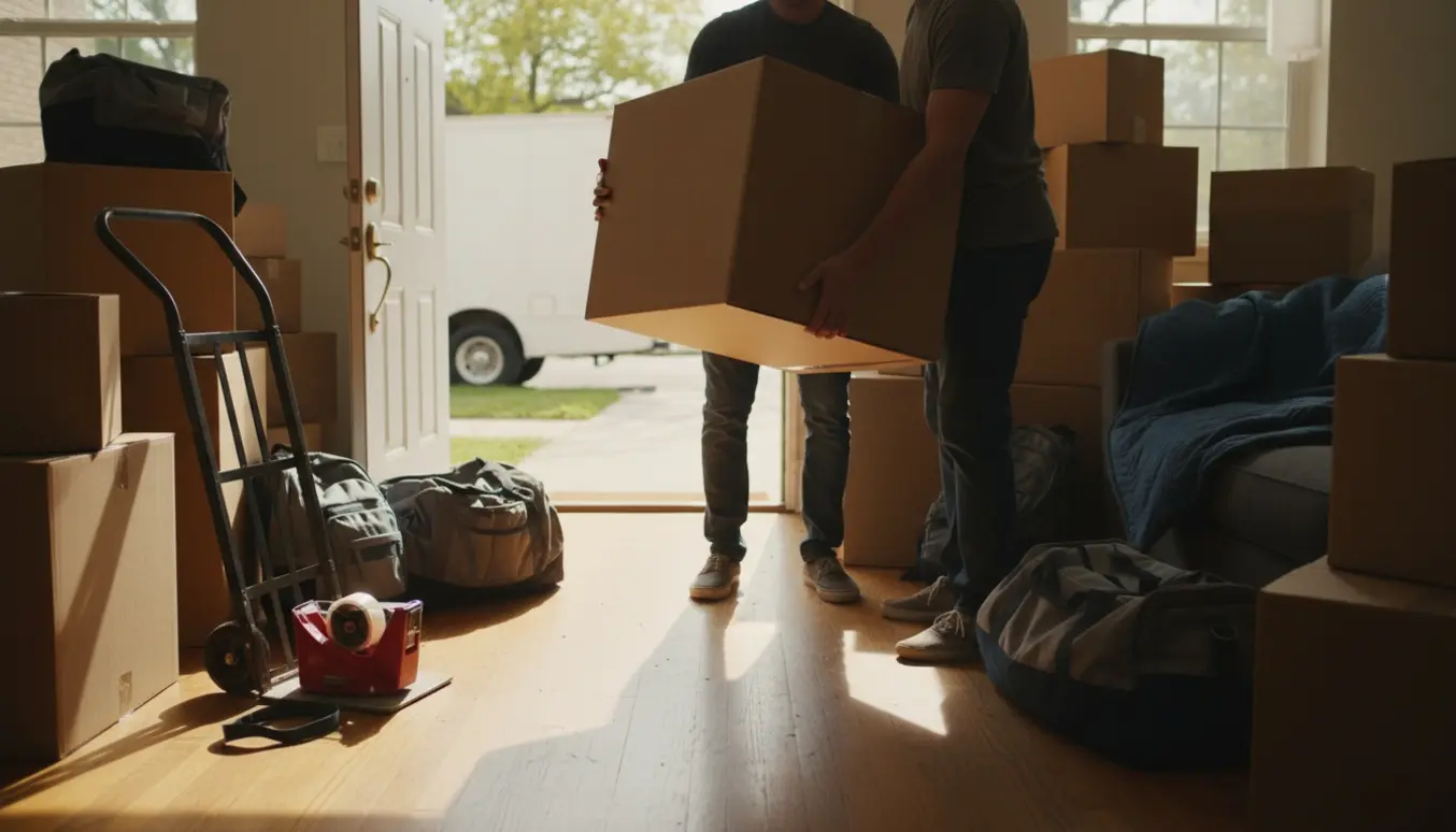 En ung person og hans far løfter en flyttekasse i en lys entré omgivet af kasser og tasker.