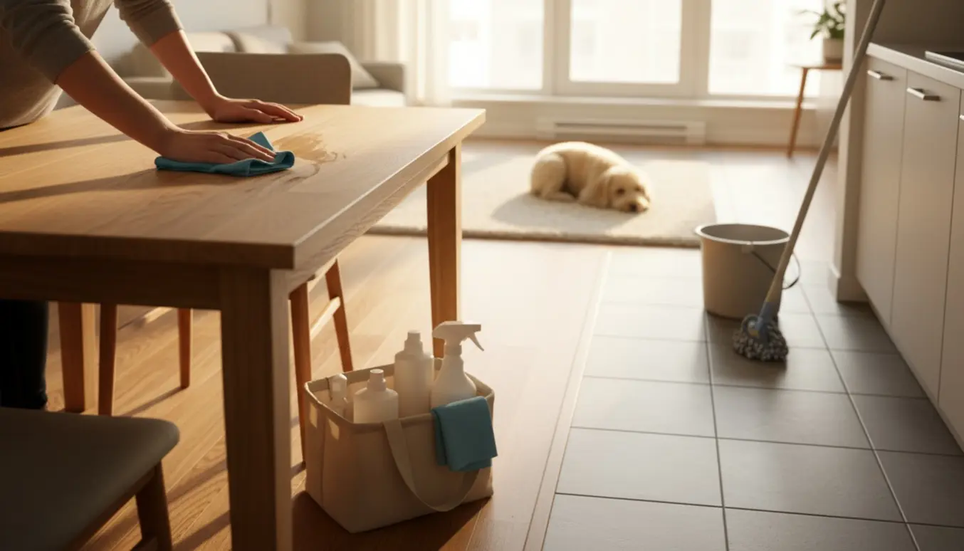 Soloplyst stue og køkken hvor en person tørrer et bord af med en klud, moppe og spand i nærheden og en lille hund ligger på et tæppe.
