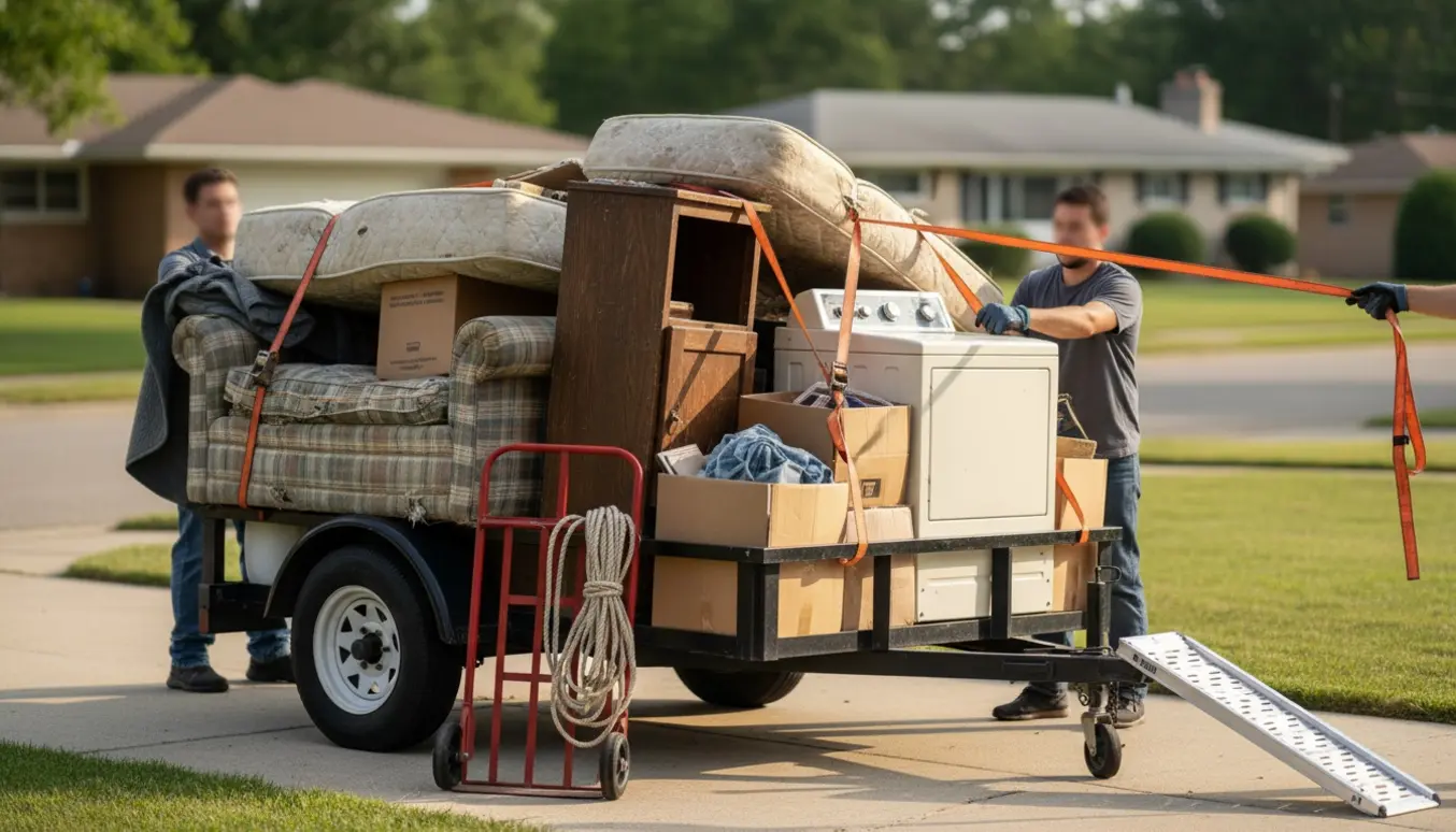 En trailer lastes med storskrald i en indkørsel, mens personer bagfra sikrer lasten med stropper.