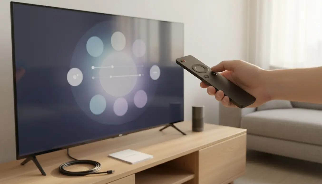 Hånd betjener fjernbetjening foran et moderne fladskærms-tv med indstillingsmenu i blød fokus.