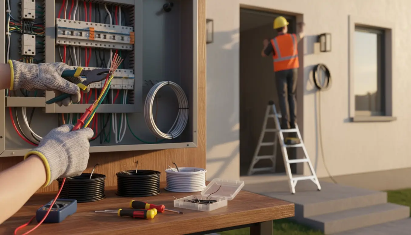 Elektriker arbejder med ledninger indendørs og monterer udendørsbelysning uden ansigt i klart dagslys.