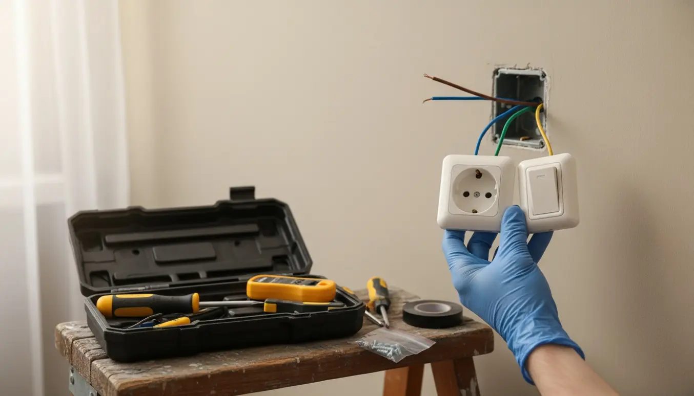 En handske‑klædt hånd holder en ny stikkontakt og afbryder foran en åben el‑boks klar til montering.