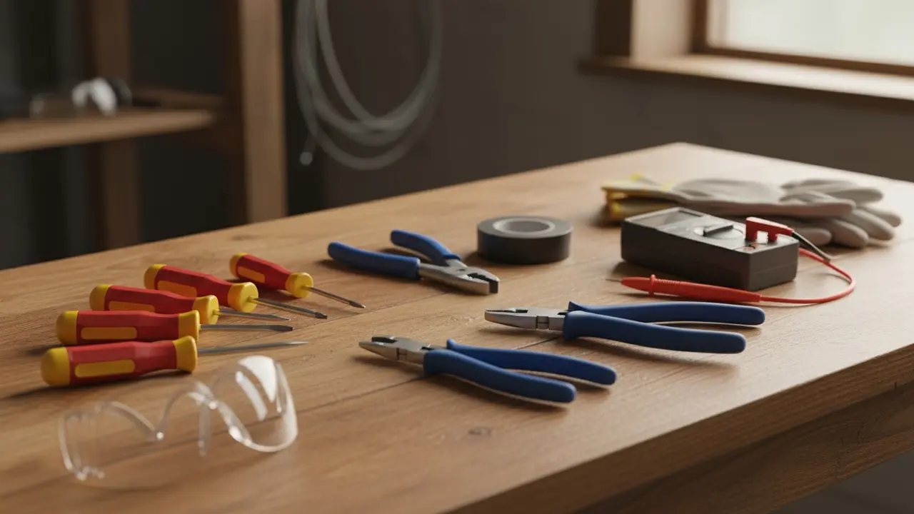 Oversigt over elektrikerværktøj på et træbord med skruetrækkere, multimeter og afisoleringstang