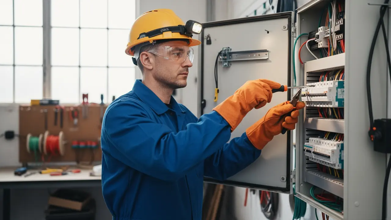 Elektriker iført værnemidler arbejder sikkert på en el-tavle med isolerede værktøjer