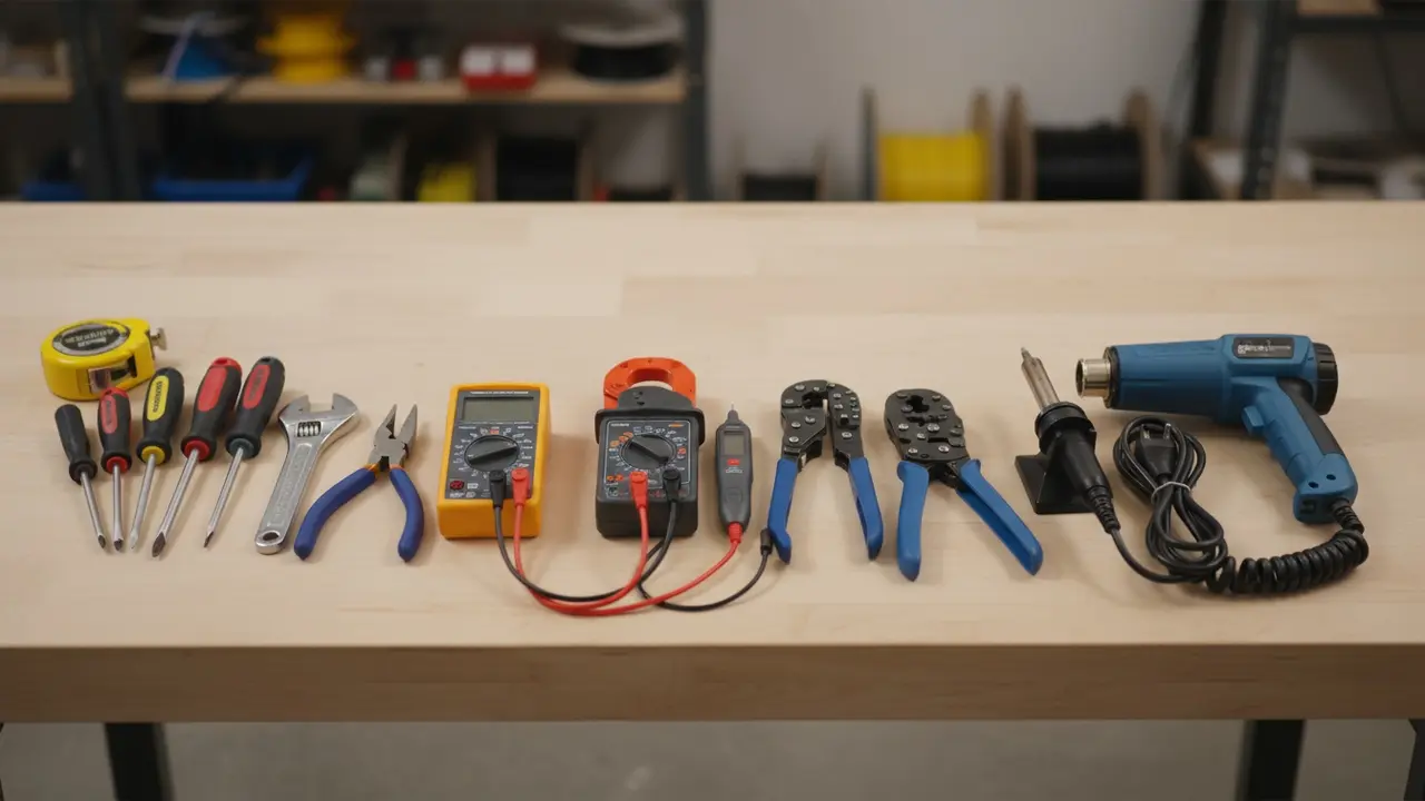 Tre grupper af elektrikerværktøj: grundlæggende, specialiserede og øvrige værktøjer på arbejdsbord