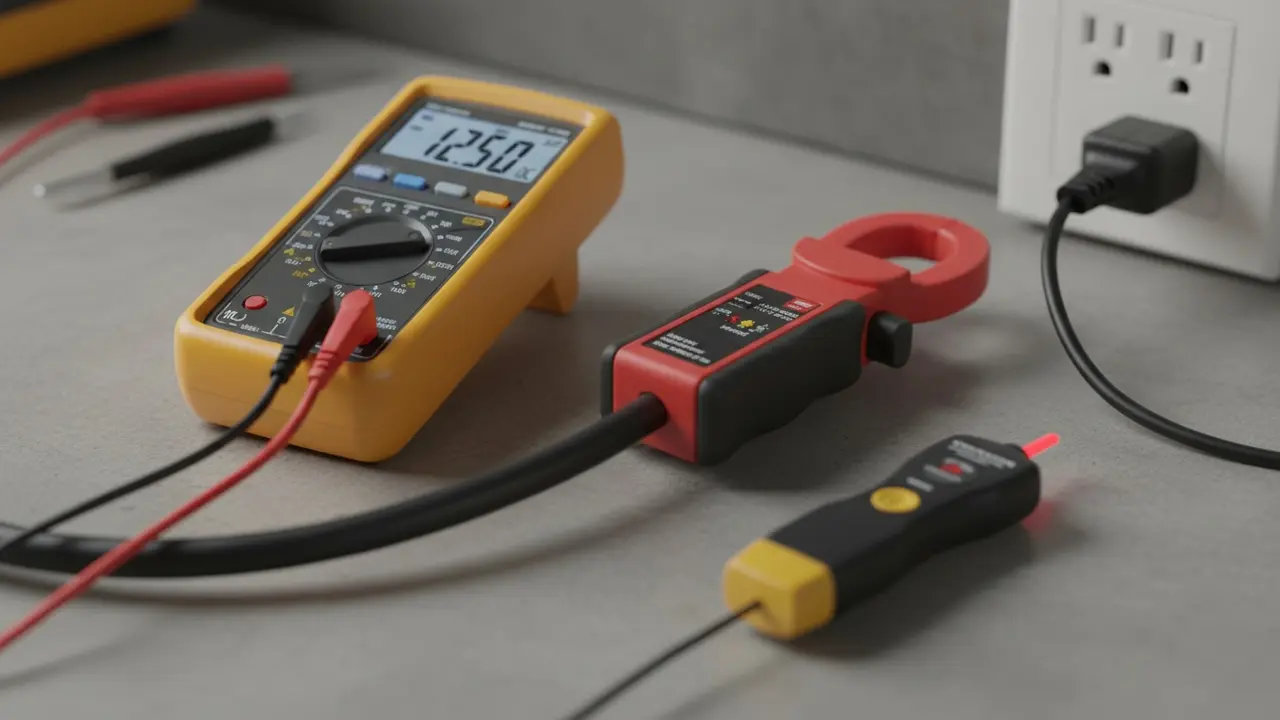 Nærbillede af multimeter, tangamperemeter og spændingstester på neutral baggrund