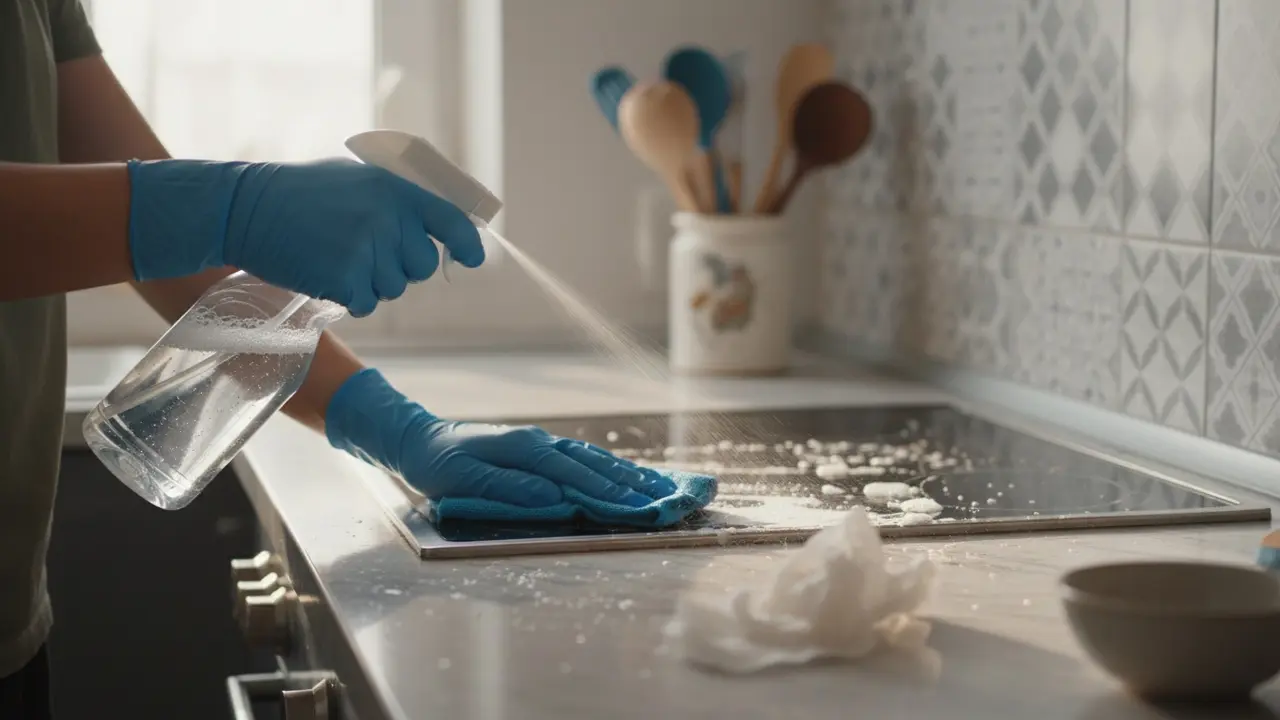 Person der sprayer affedtningsmiddel og tørrer fedtet køkkenstovetop af med mikrofiber