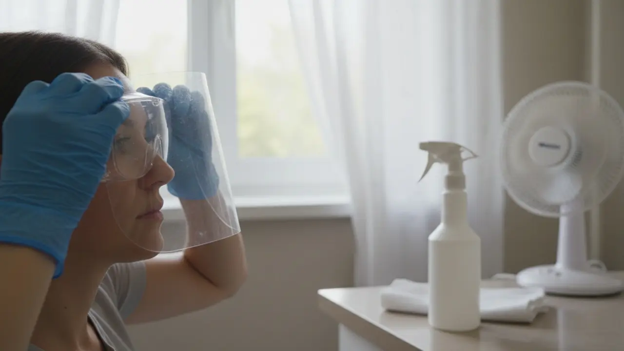 Nærbillede af kemikaliehandsker og sikkerhedsbriller med åben vindue for ventilation i baggrunden