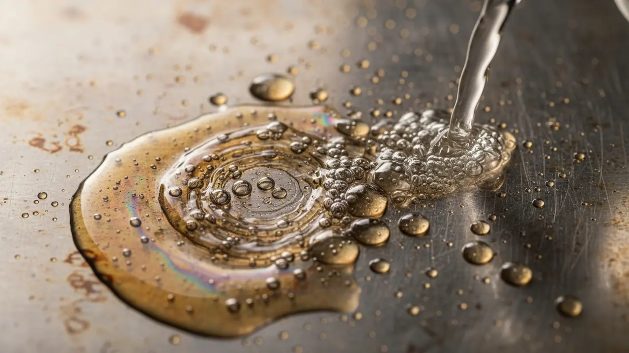 Makrofoto af olieperler på metal, der opløses og brydes op af affedtningsvæske