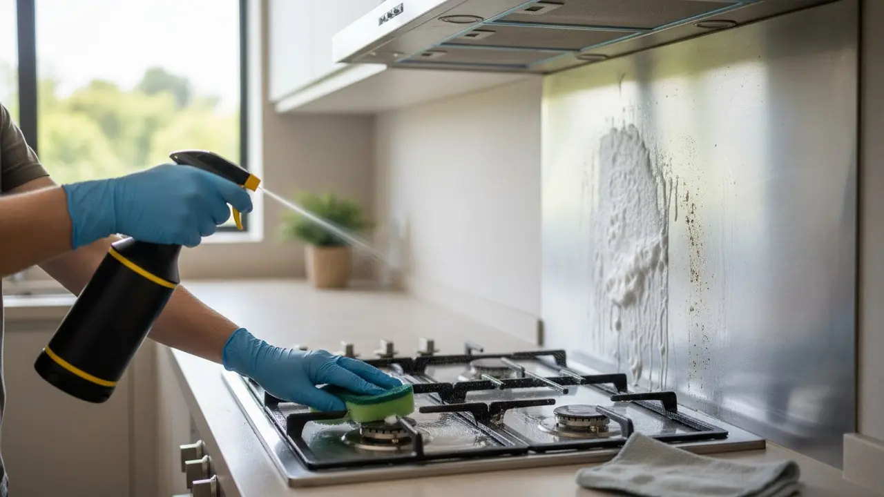 Person sprayer affedtningsmiddel på fedtet emhætte og skrubber med svamp, med rent område synligt