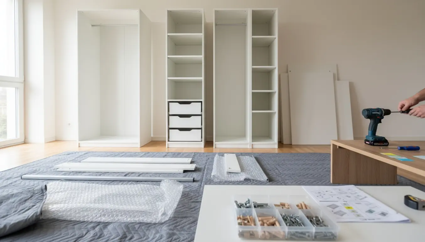 Delvist adskilte IKEA PAX-garderobeskabe i et lyst rum med værktøj og dele klar til flytning.