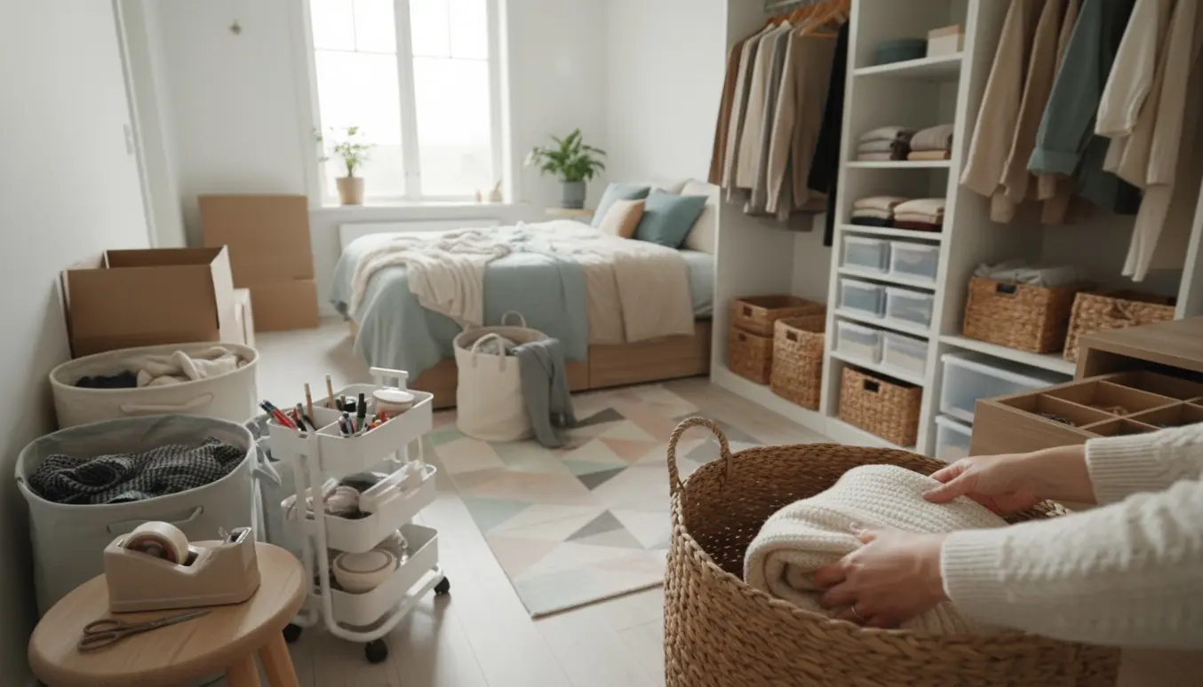 Hænder organiserer tøj og opbevaringskasser i et lyst, ryddeligt soveværelse.