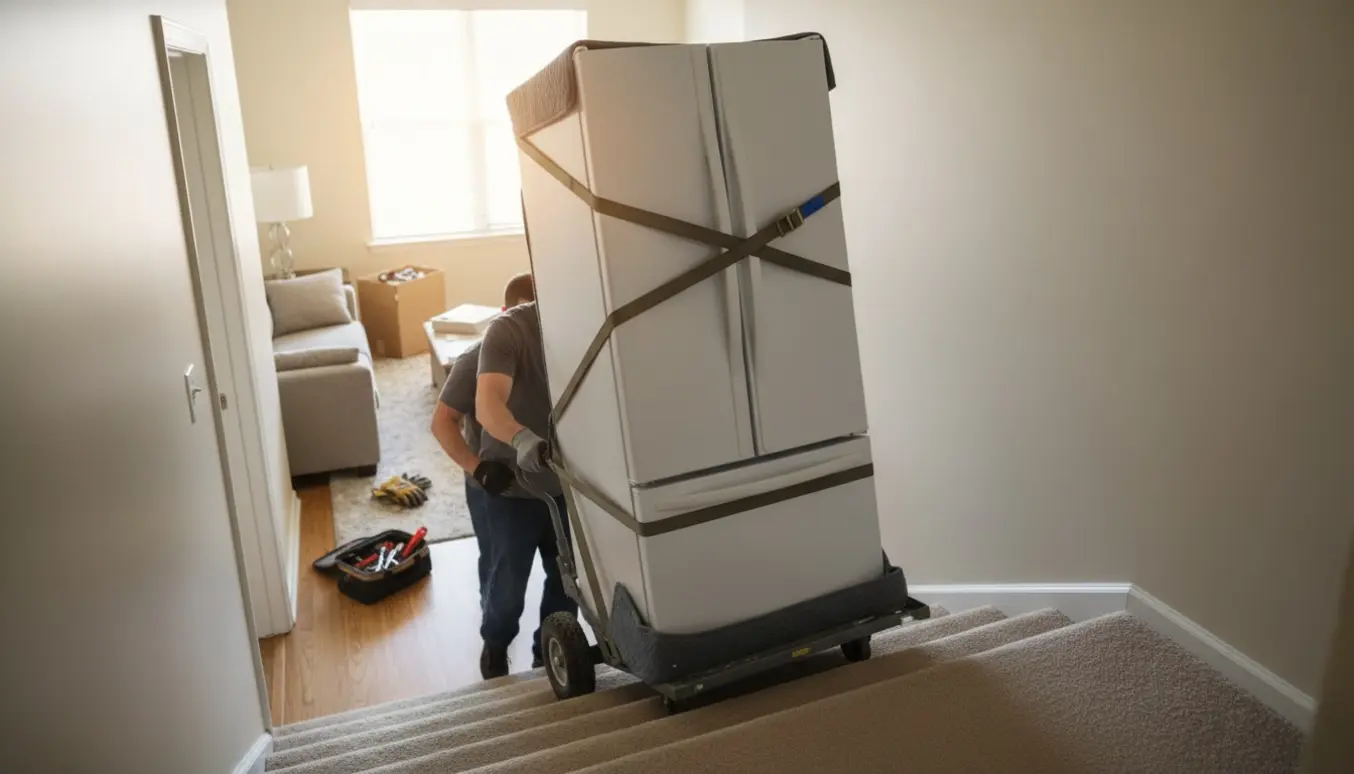 Flyttemænd trækker et standard køleskab ned ad en opgangstrappe til afhentning.
