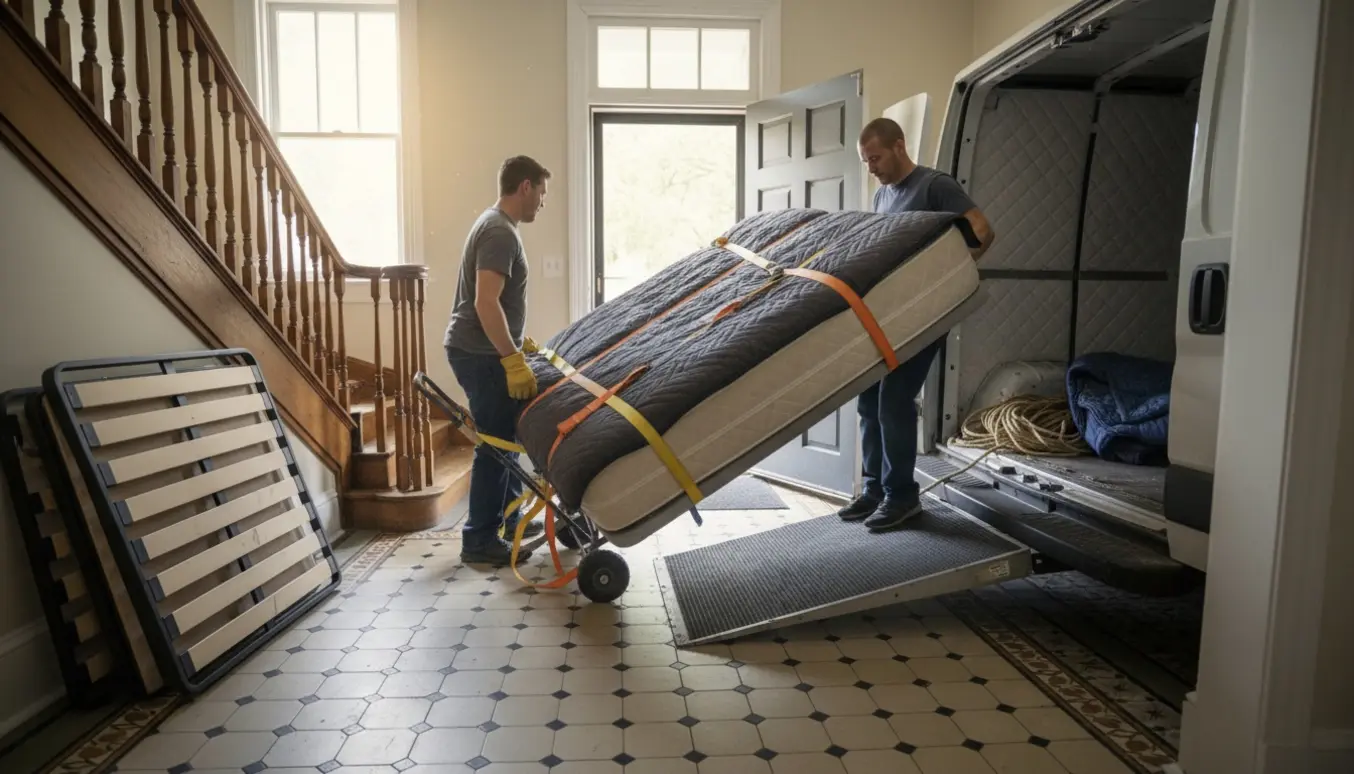 Flytning af en mellemstor seng ned ad trappe og ind i en åben varevogn med madrassen dækket af flyttetæppe.