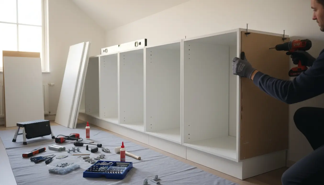 To personer samler flere hvide fladpakkede skabe opret i et rum med lavt loft.