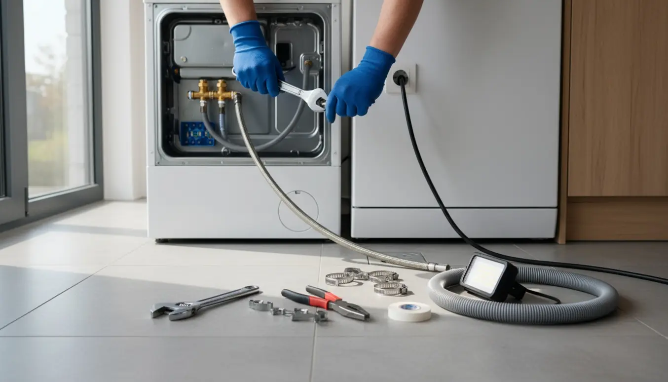 Hænder tilslutter vand- og strømforbindelser til en vaskemaskine og opvaskemaskine i et lyst bryggers.