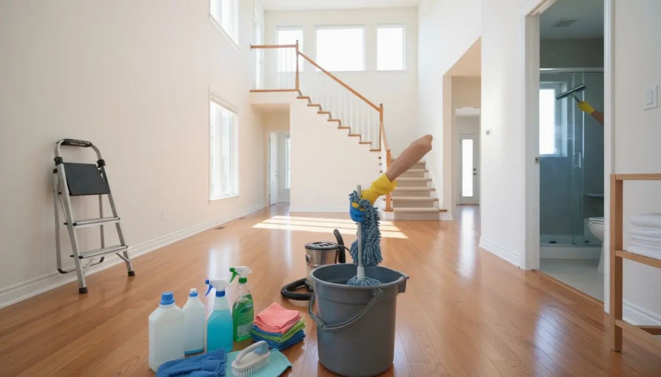 Handsker mopper gulvet i et lyst, tomt toplans familiehus med rengøringsudstyr og et skinnende badeværelse i baggrunden.